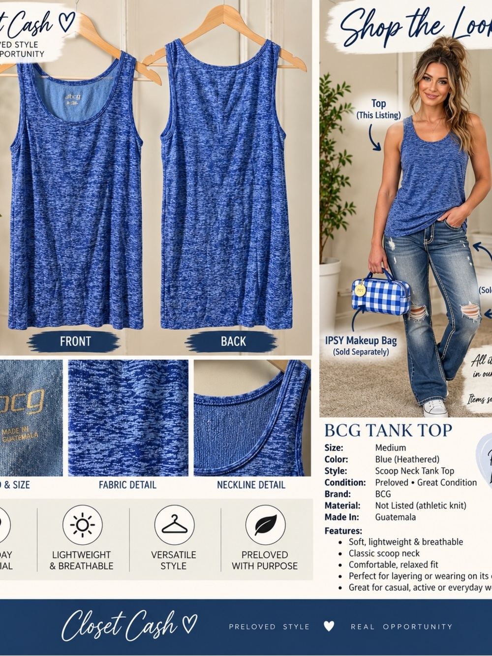 bcg Blue Heathered Scoop Neck Tank Top